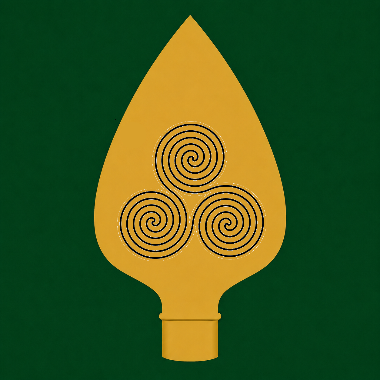 Logo showing golden spearhead with a Celtic triple spiral design